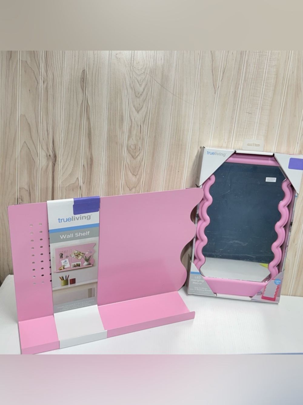truLiving Pink Wall Shelf and Pink Wavy Mirror Set